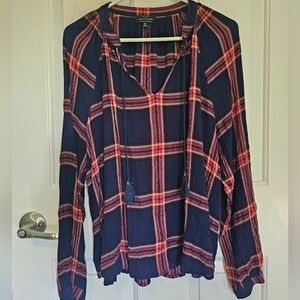 Lucky Brand Sheer Navy Plaid Tunic Top Women's Sz XL